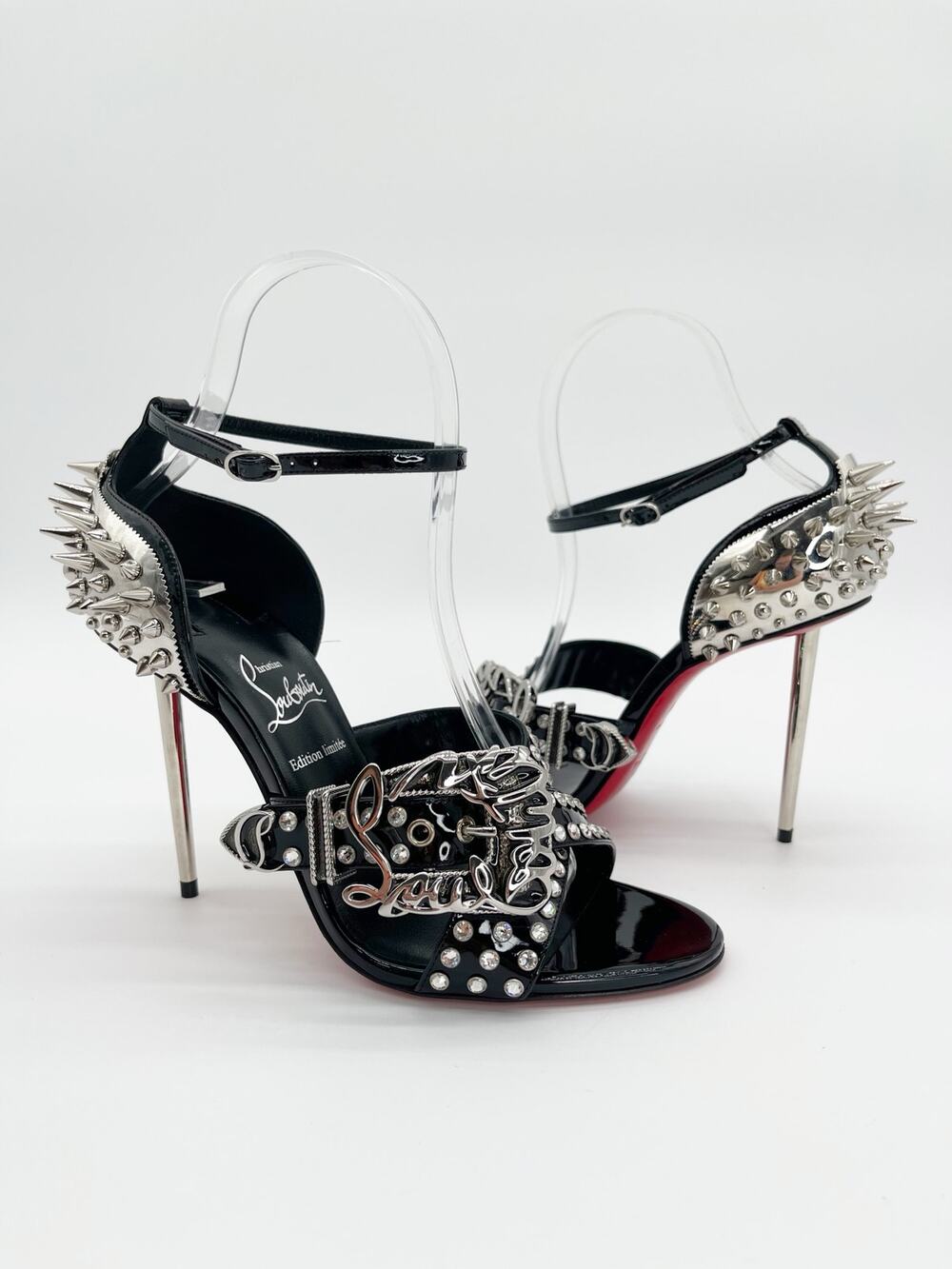 New Christian Louboutin Wosandal Pic Black Silver Spike Crystal Sandals EU 37.5